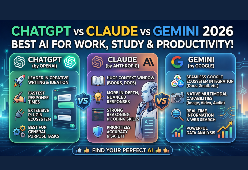 ChatGPT vs Gemini AI comparison showing best AI tools for work, study and productivity in 2026