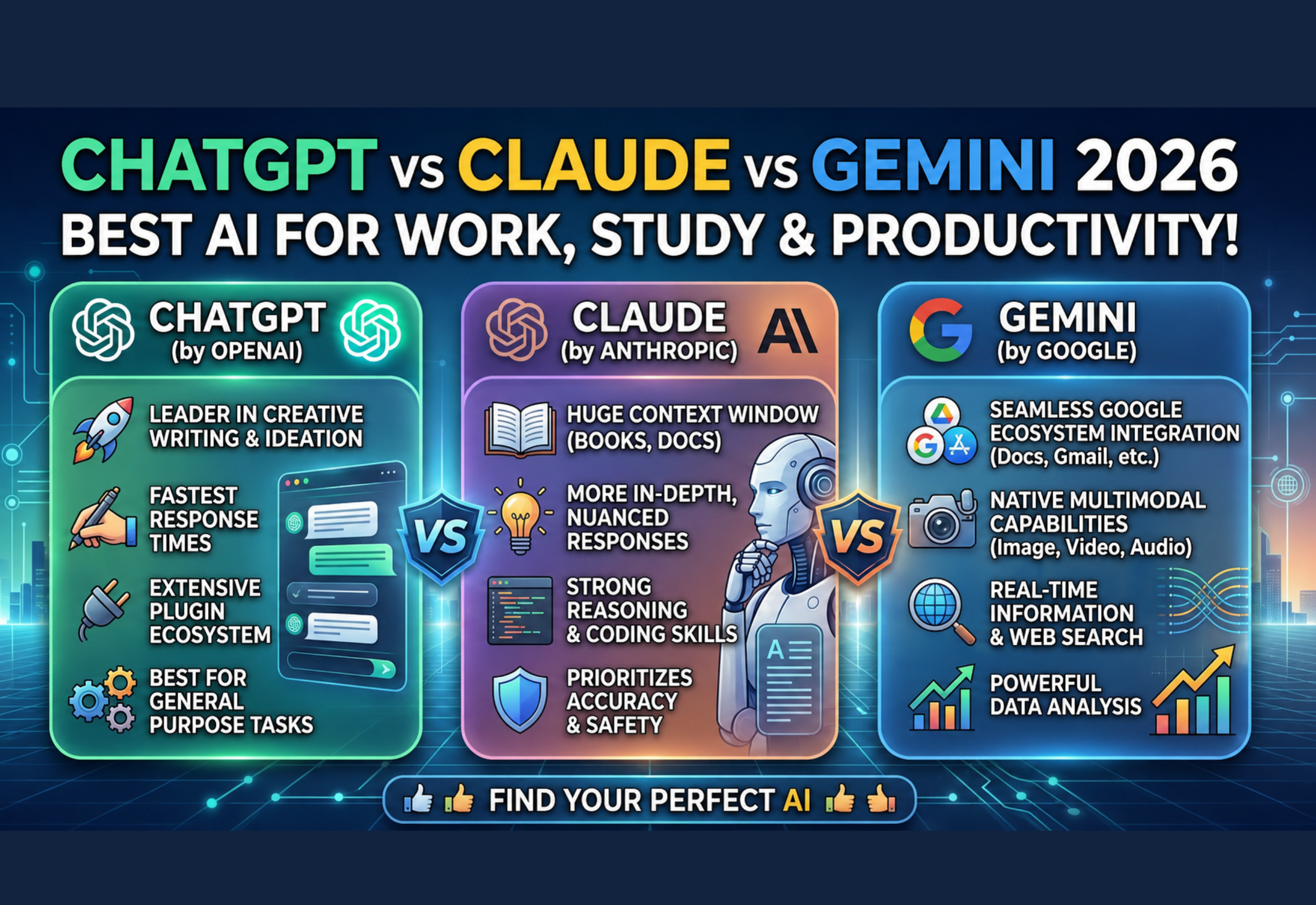 ChatGPT vs Gemini AI comparison showing best AI tools for work, study and productivity in 2026