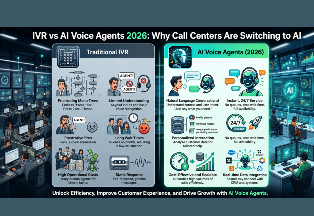 IVR vs AI comparison showing how AI Voice Agents provide faster, smarter, and more personalized customer support than traditional IVR systems in 2026.