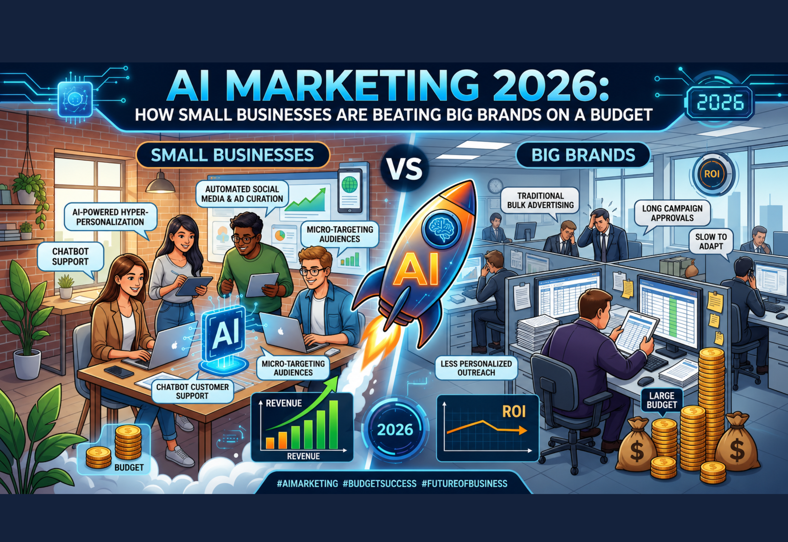 Small business owner using AI tools for digital marketing in 2026 competing with big brands
