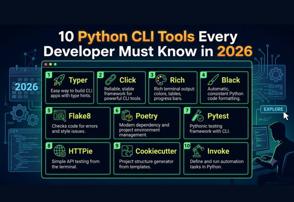 Python CLI tools 2026 list showing essential developer command line tools