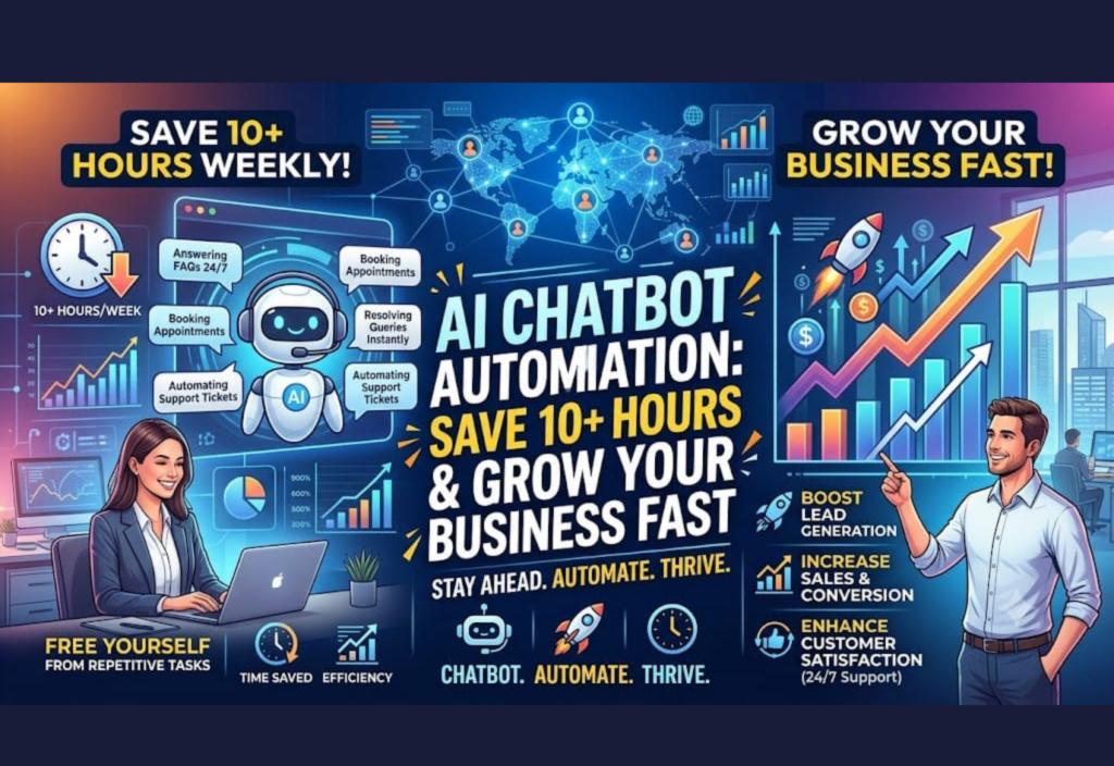 AI Chatbot Automation: Save 10+ Hours & Grow Your Business Fast AI chatbot automation concept showing business growth, customer support, and time saving with AI tools