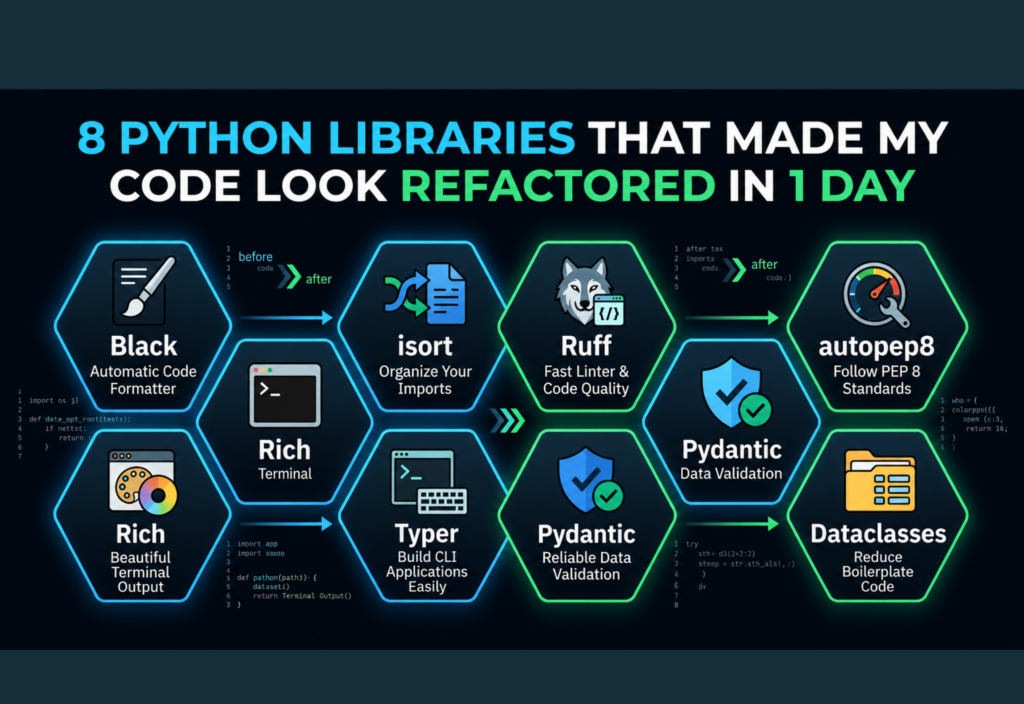 Python Libraries for Clean Code featuring Black, Ruff, isort, Rich, Typer, Pydantic, autopep8, and Dataclasses for writing cleaner Python code.