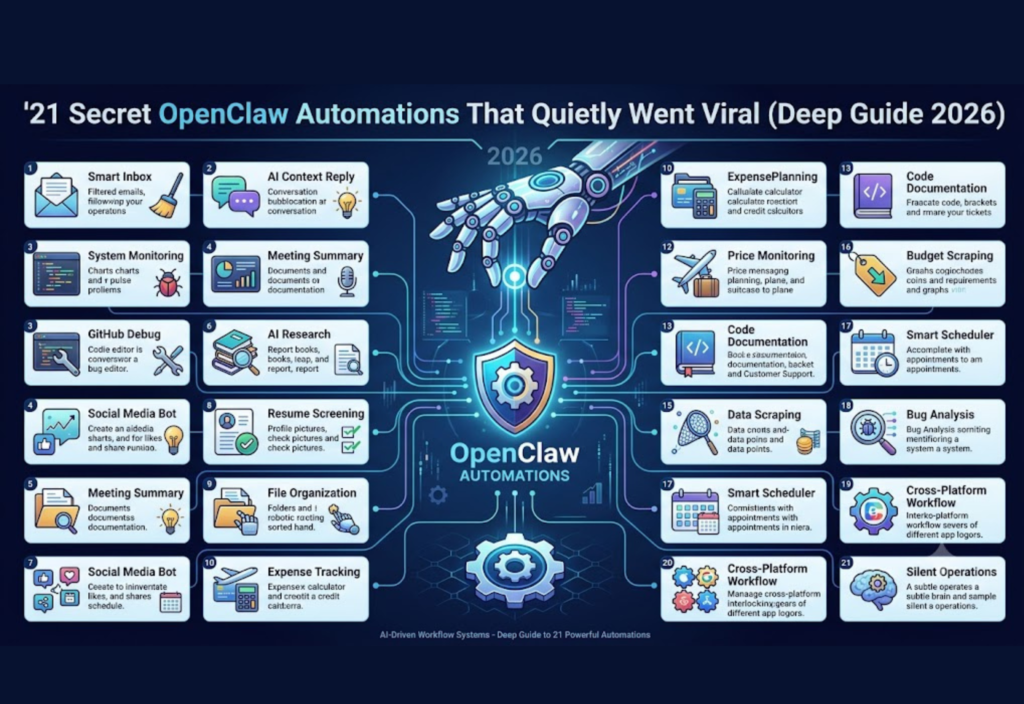 OpenClaw automations showing AI workflow system managing tasks like email, coding, and data automation in a digital dashboard