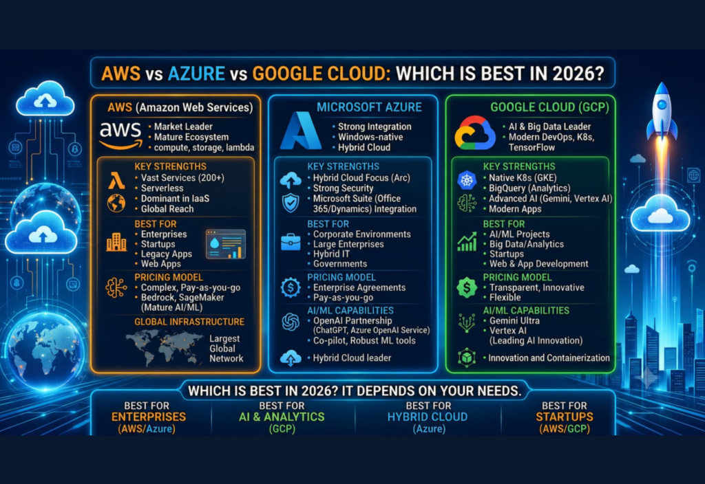 AWS vs Azure vs Google Cloud comparison showing cloud computing platforms in 2026