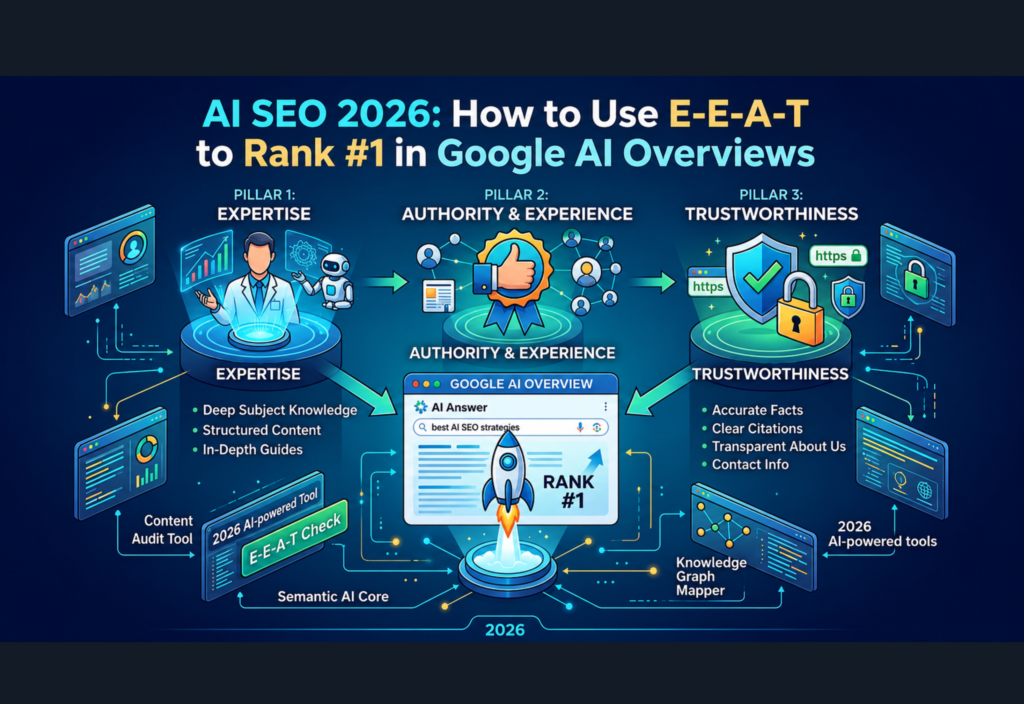 AI SEO 2026: How to Use E-E-A-T to Rank #1 in Google AI Overviews AI SEO 2026 showing E-E-A-T strategy for ranking in Google AI Overviews