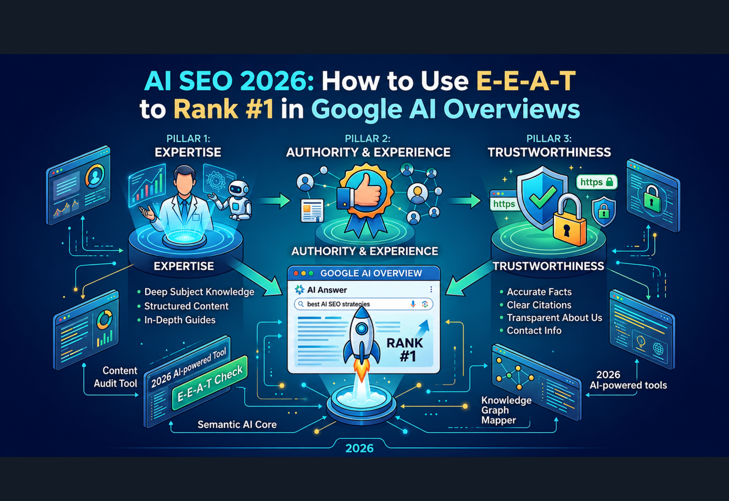 AI SEO 2026 showing E-E-A-T strategy for ranking in Google AI Overviews