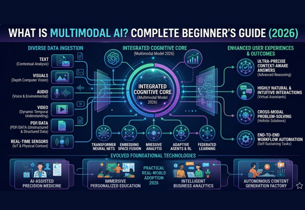 Multimodal AI infographic showing how text, images, audio, video, PDF data, and sensors are processed by an integrated AI model to deliver intelligent real-world applications in 2026.