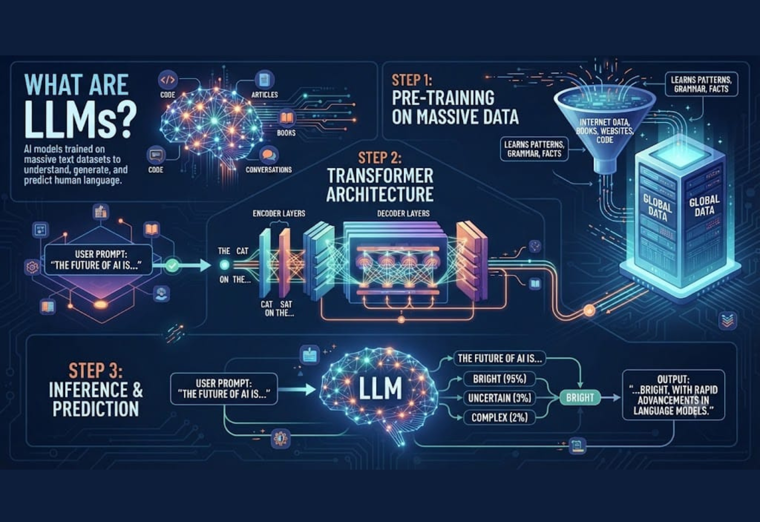 Large Language Models (LLMs) illustration showing how AI processes and generates human language using transformer architecture.