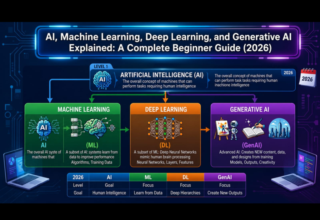 Illustration comparing Artificial Intelligence, Machine Learning, Deep Learning, and Generative AI with their key concepts and applications.