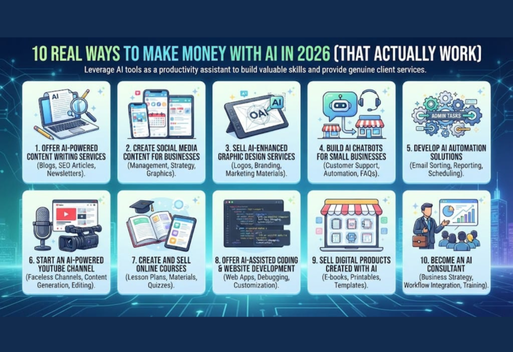 10 Real Ways to Make Money with AI in 2026 (That Actually Work) 10 Real Ways to Make Money with AI in 2026 using AI tools for freelancing, content creation, automation, and online business