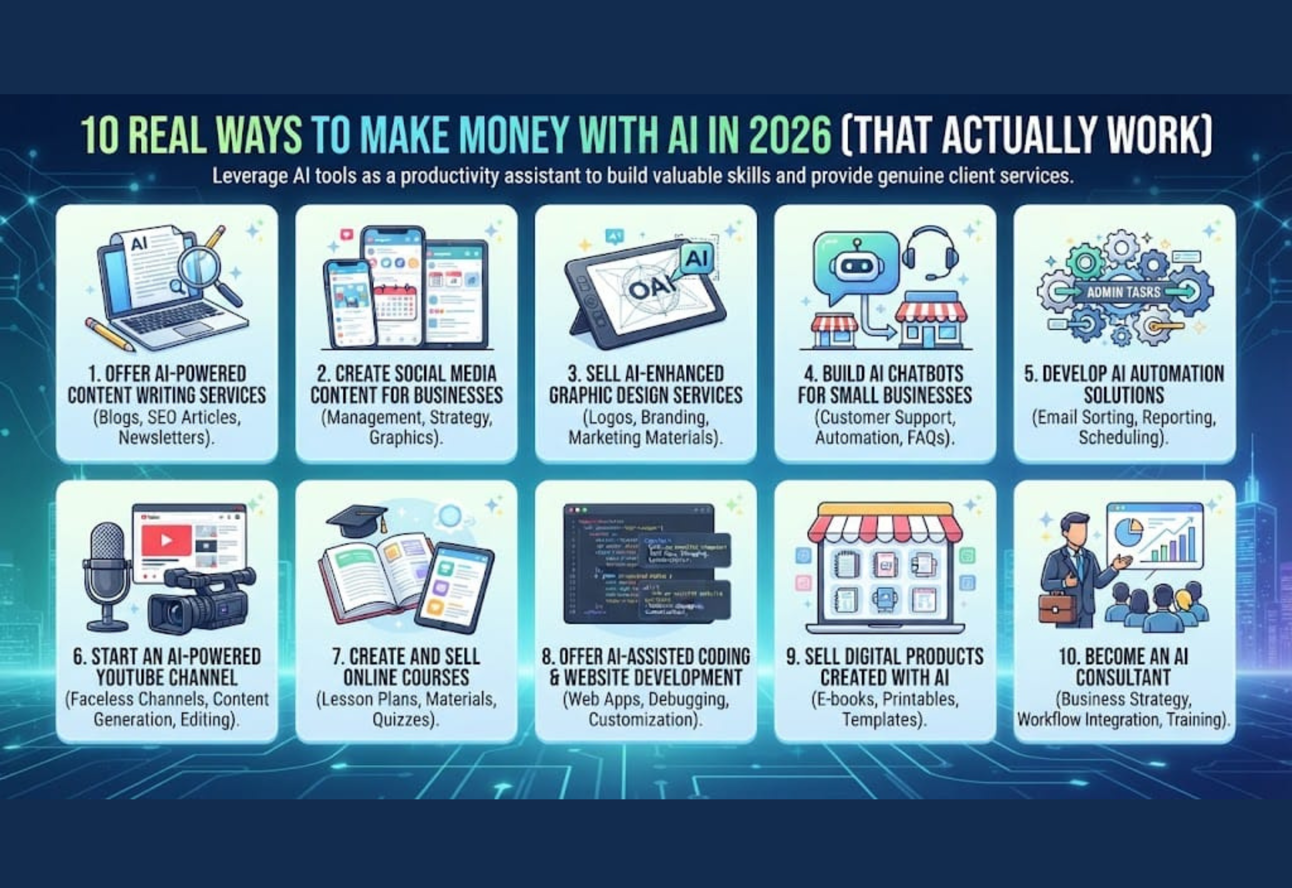 10 Real Ways to Make Money with AI in 2026 using AI tools for freelancing, content creation, automation, and online business