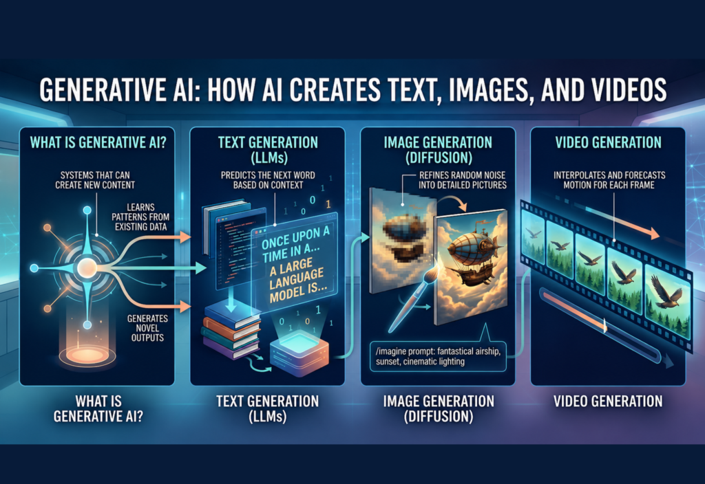 Generative AI infographic showing how AI creates text, images, and videos using large language models and diffusion technology.