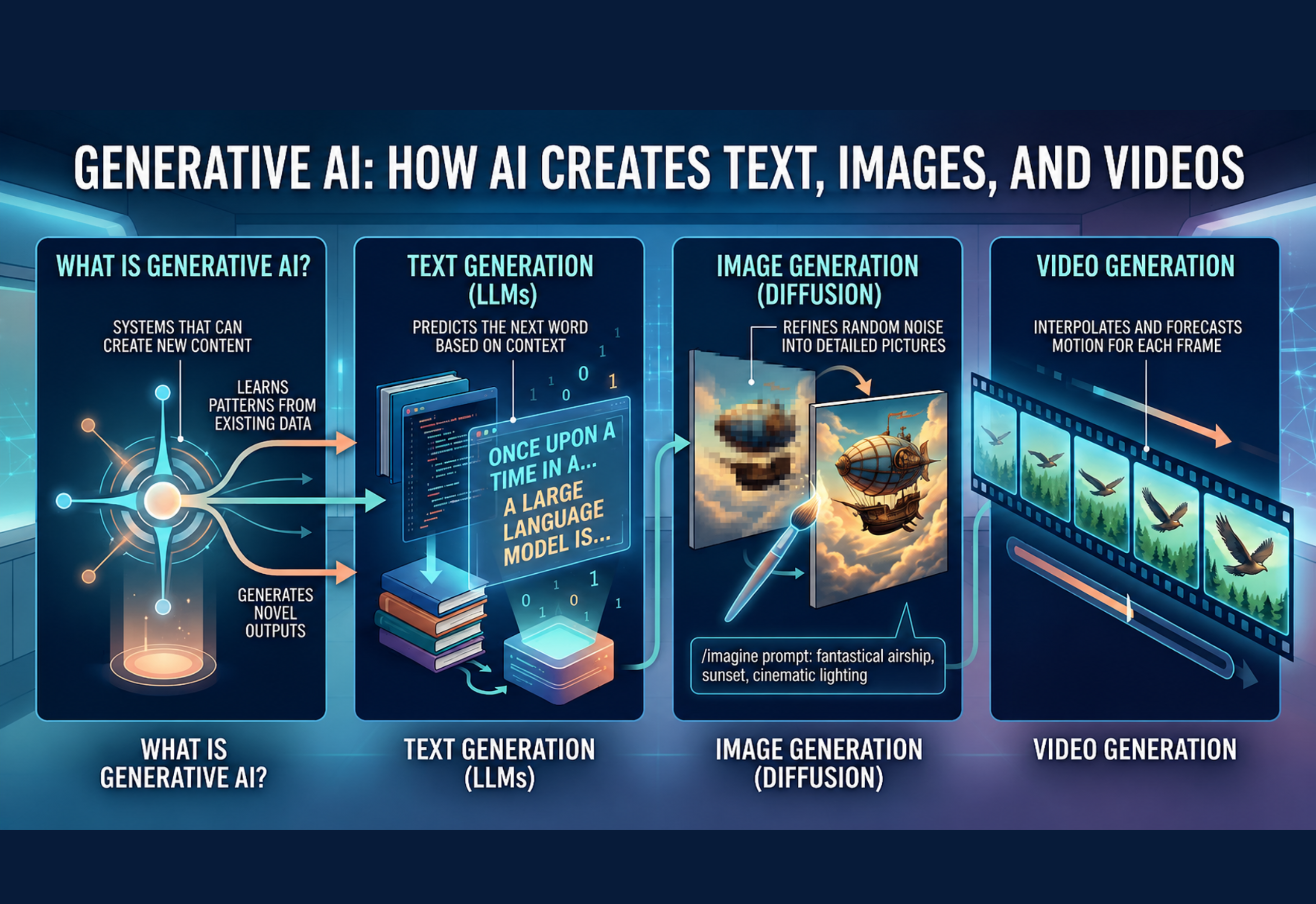 Generative AI infographic showing how AI creates text, images, and videos using large language models and diffusion technology.