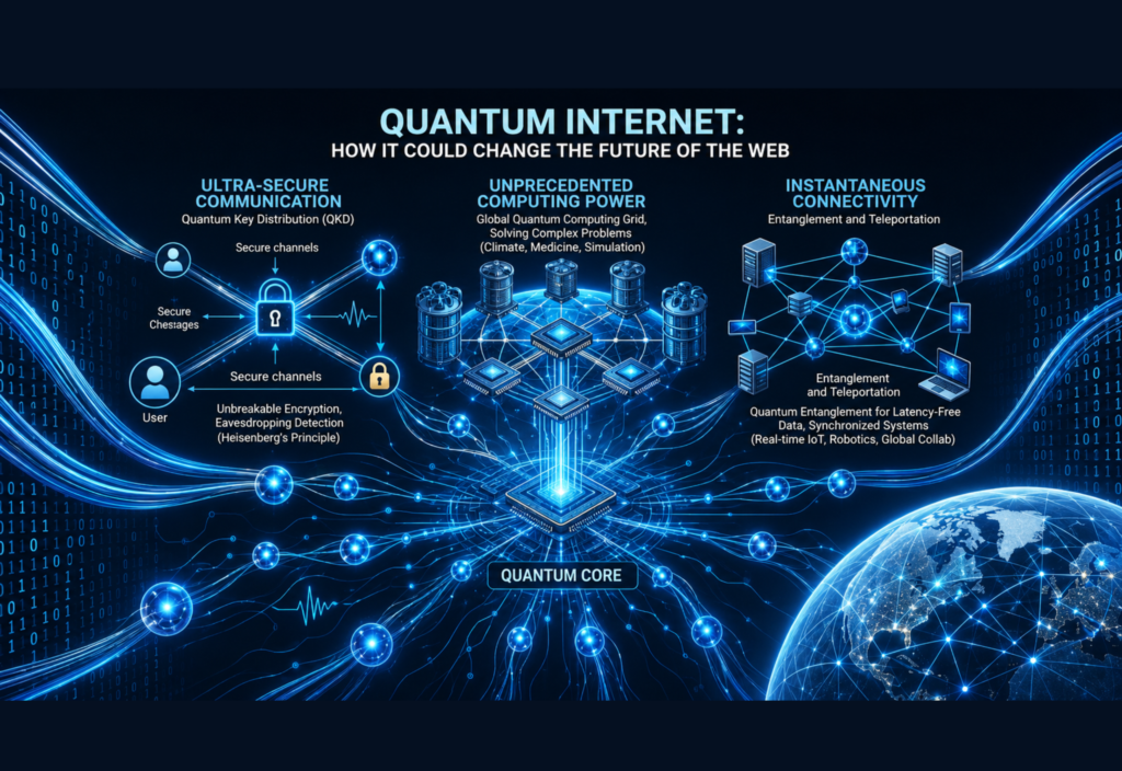 Quantum Internet infographic showing secure communication, quantum computing, and future web technology