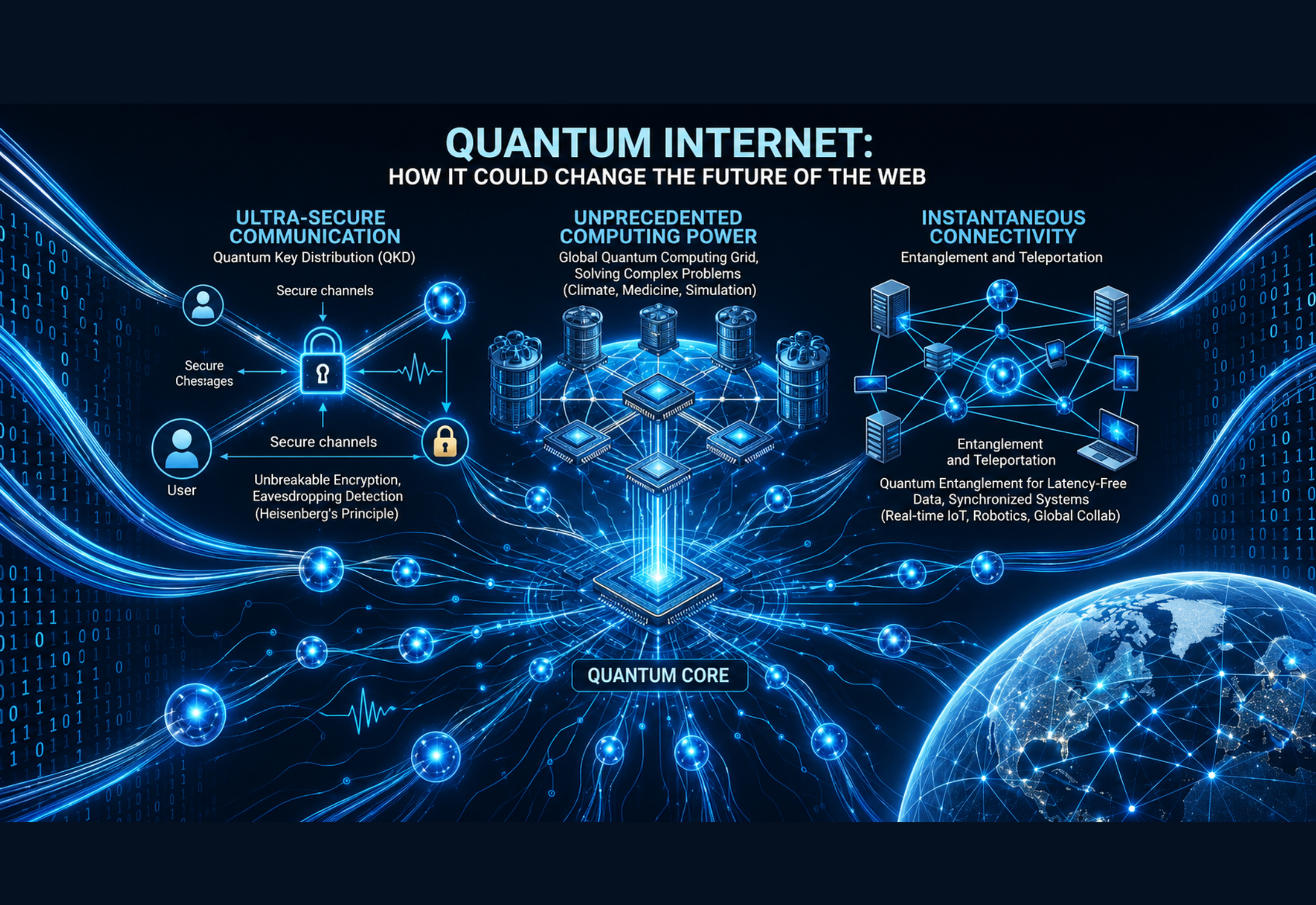 Quantum Internet infographic showing secure communication, quantum computing, and future web technology
