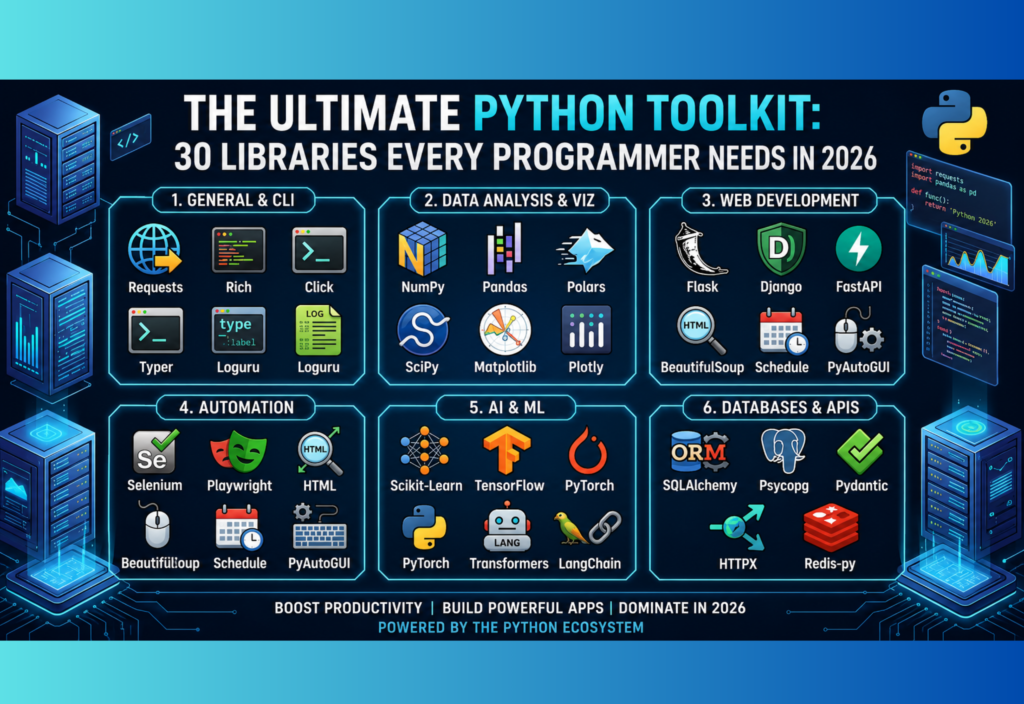 Python Libraries Every Programmer Needs including libraries for AI, web development, automation, data science, and APIs