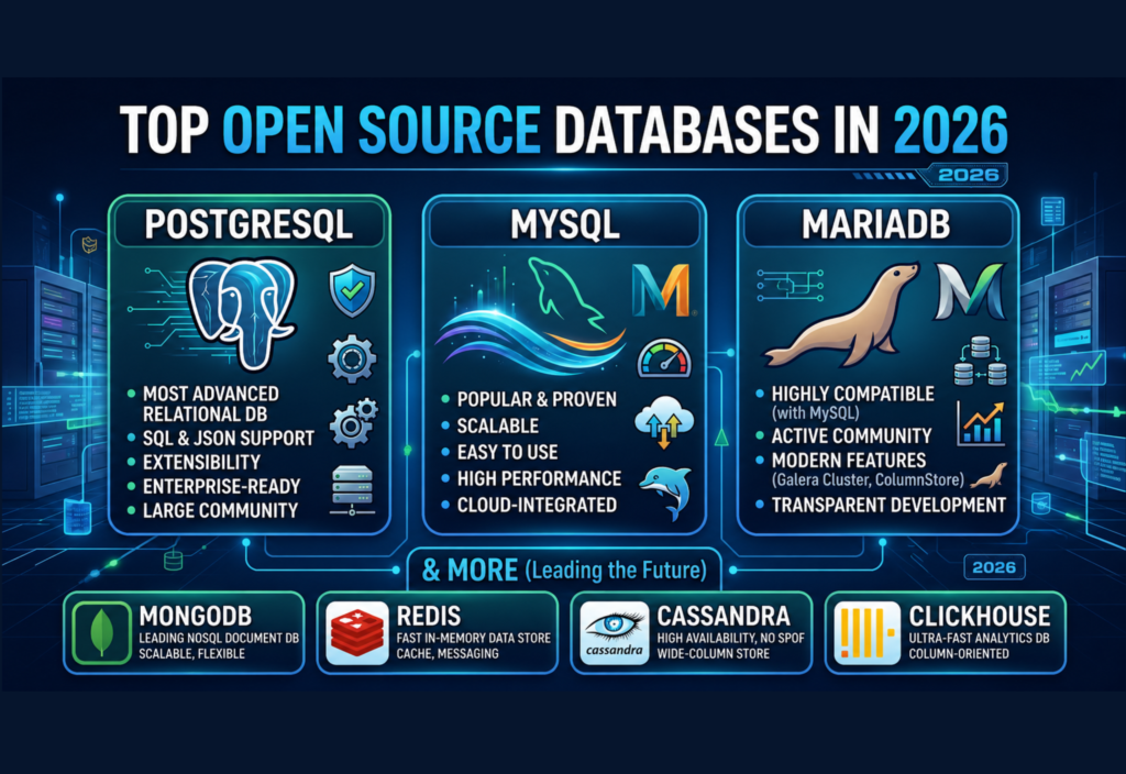 Top Open Source Databases in 2026 featuring PostgreSQL, MySQL, MariaDB, MongoDB, Redis, Cassandra, and ClickHouse comparison.