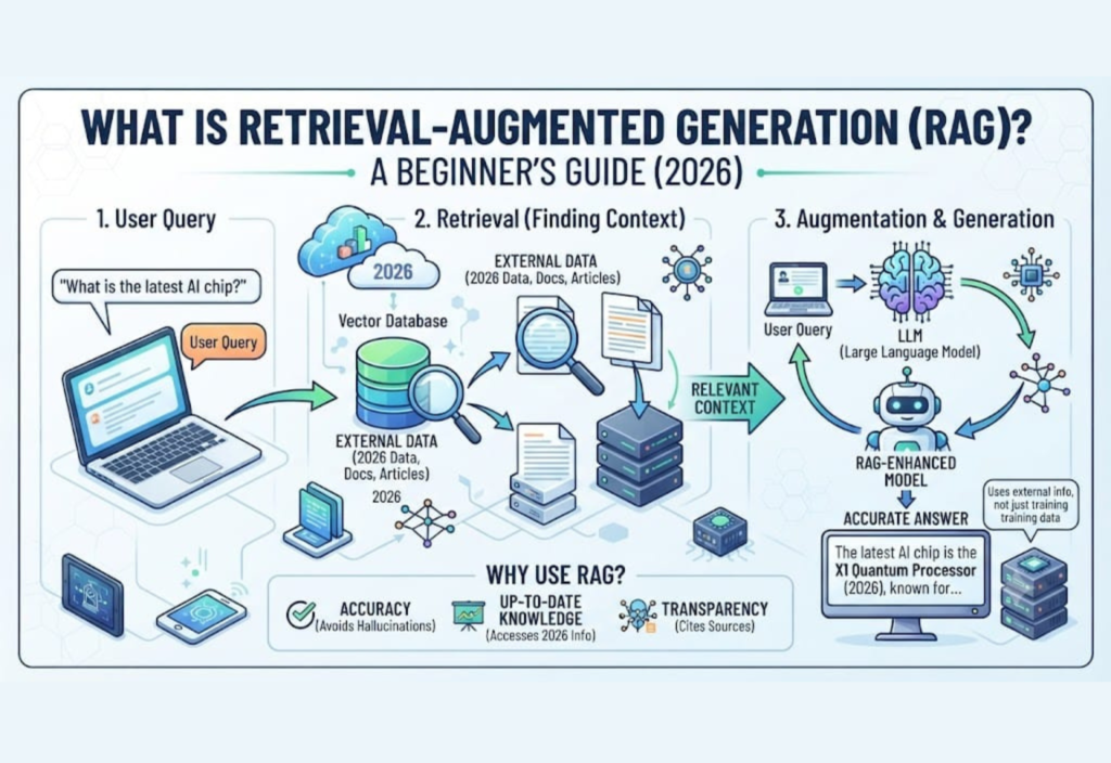 Retrieval-Augmented Generation (RAG) infographic showing the process of retrieving relevant information, augmenting a prompt with context, and generating accurate AI answers in 2026.