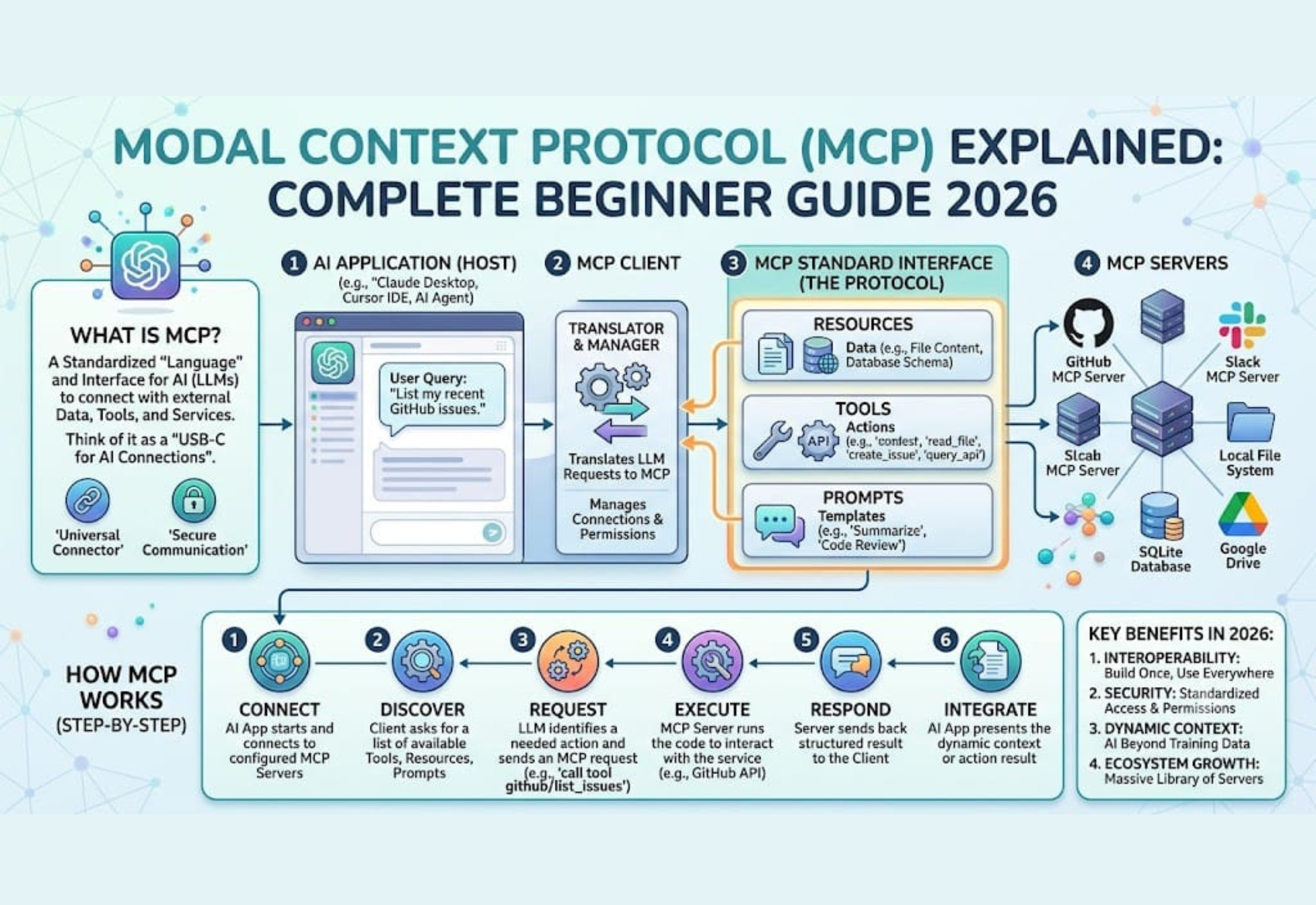 Model Context Protocol (MCP) architecture connecting AI models with external tools and data sources