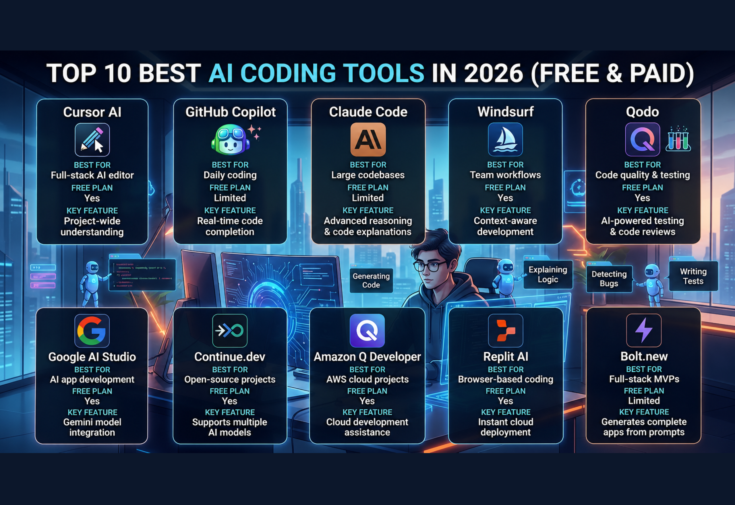 Top 10 best AI coding tools in 2026 including Cursor AI, GitHub Copilot, Claude Code, Windsurf, Qodo, Google AI Studio, Continue.dev, Amazon Q Developer, Replit AI, and Bolt.new