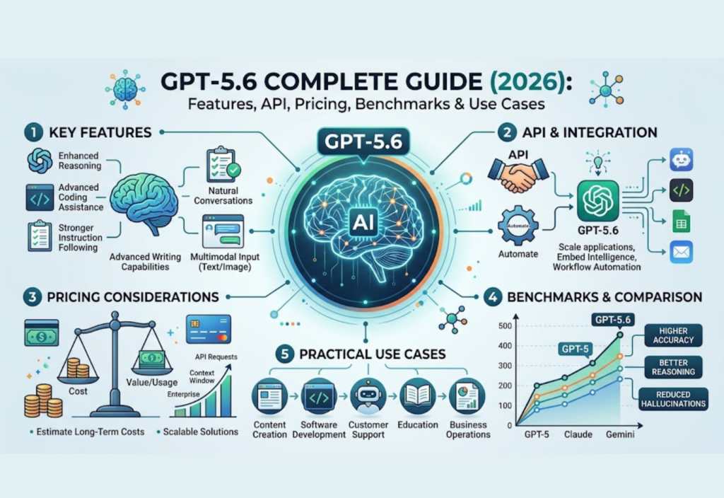 GPT-5.6 Complete Guide (2026): Features, API, Pricing, Benchmarks & Use Cases GPT-5.6 complete guide showing features, API, pricing, benchmarks, and real-world use cases.