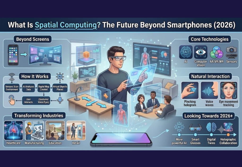 What Is Spatial Computing? The Future Beyond Smartphones (2026) Spatial Computing technology showing smart glasses, augmented reality, AI, holographic interfaces, and immersive digital experiences beyond smartphones