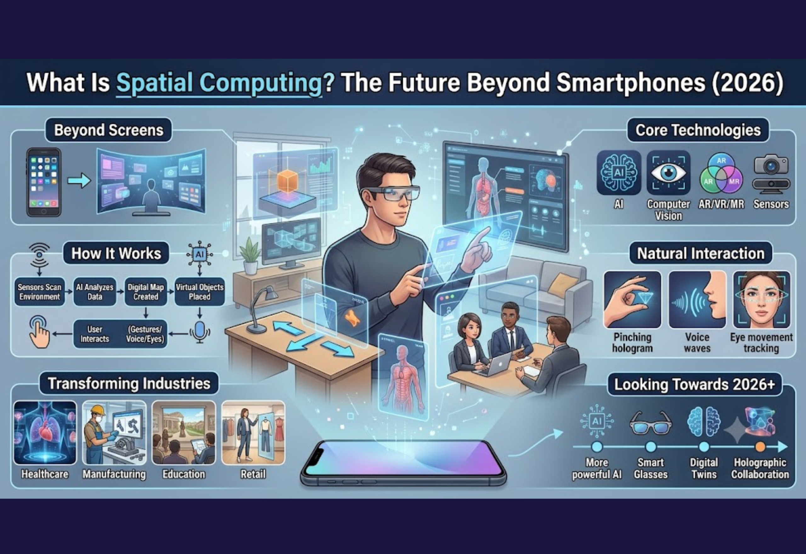 Spatial Computing technology showing smart glasses, augmented reality, AI, holographic interfaces, and immersive digital experiences beyond smartphones