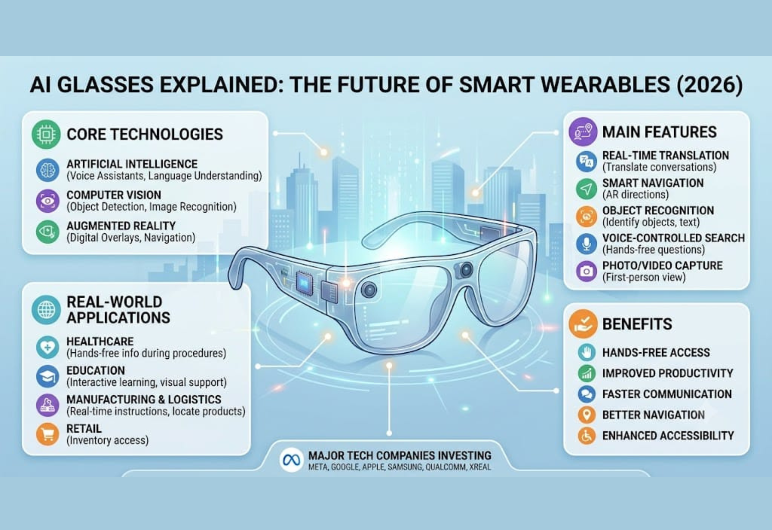 AI Glasses showing augmented reality, voice assistant, computer vision, and smart wearable technology for everyday use