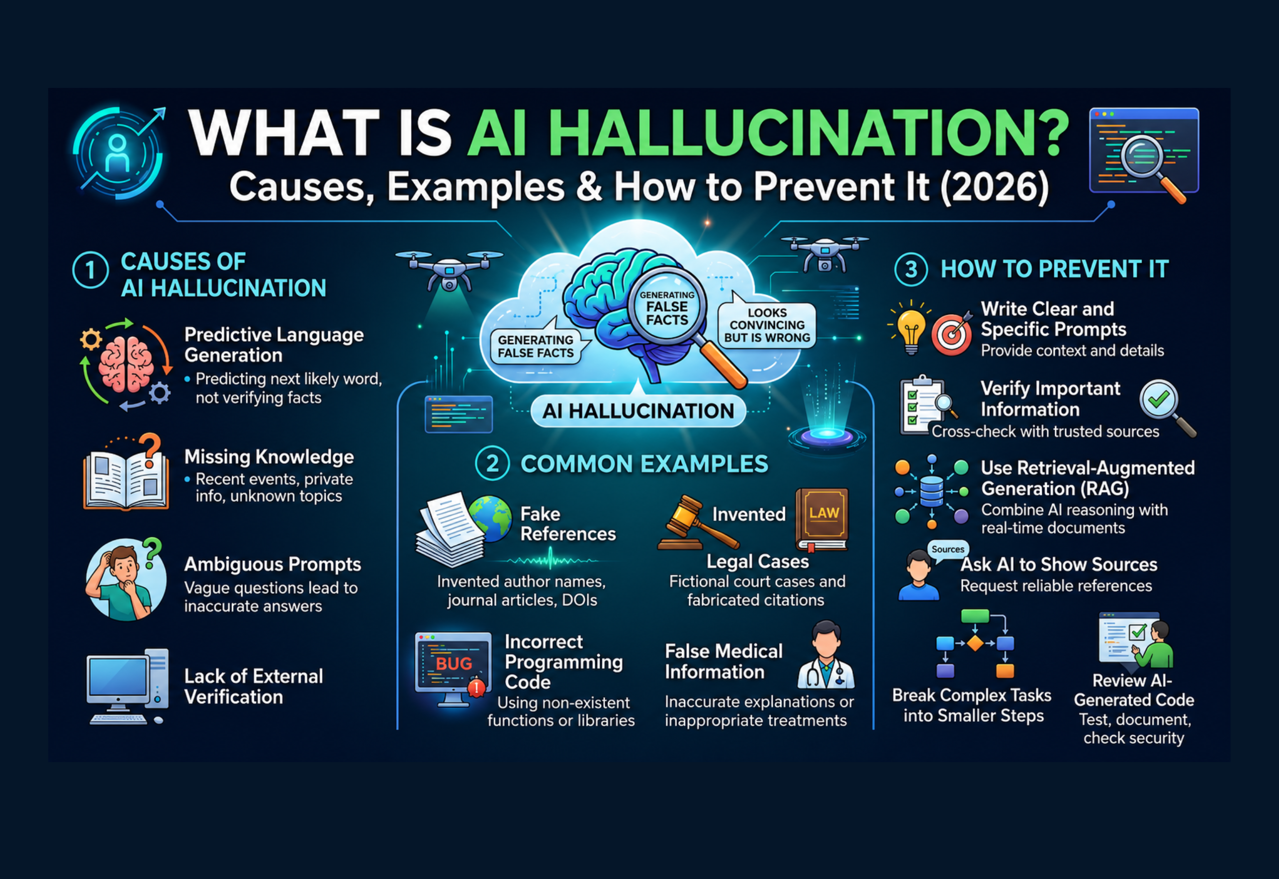 AI hallucination concept showing an AI chatbot generating incorrect information with fact-checking, warning symbols, and data verification
