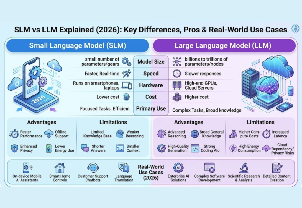 SLM vs LLM Explained (2026): Key Differences, Pros & Real-World Use Cases SLM vs LLM comparison infographic showing the key differences between Small Language Models and Large Language Models, including speed, cost, performance, and real-world use cases in 2026.