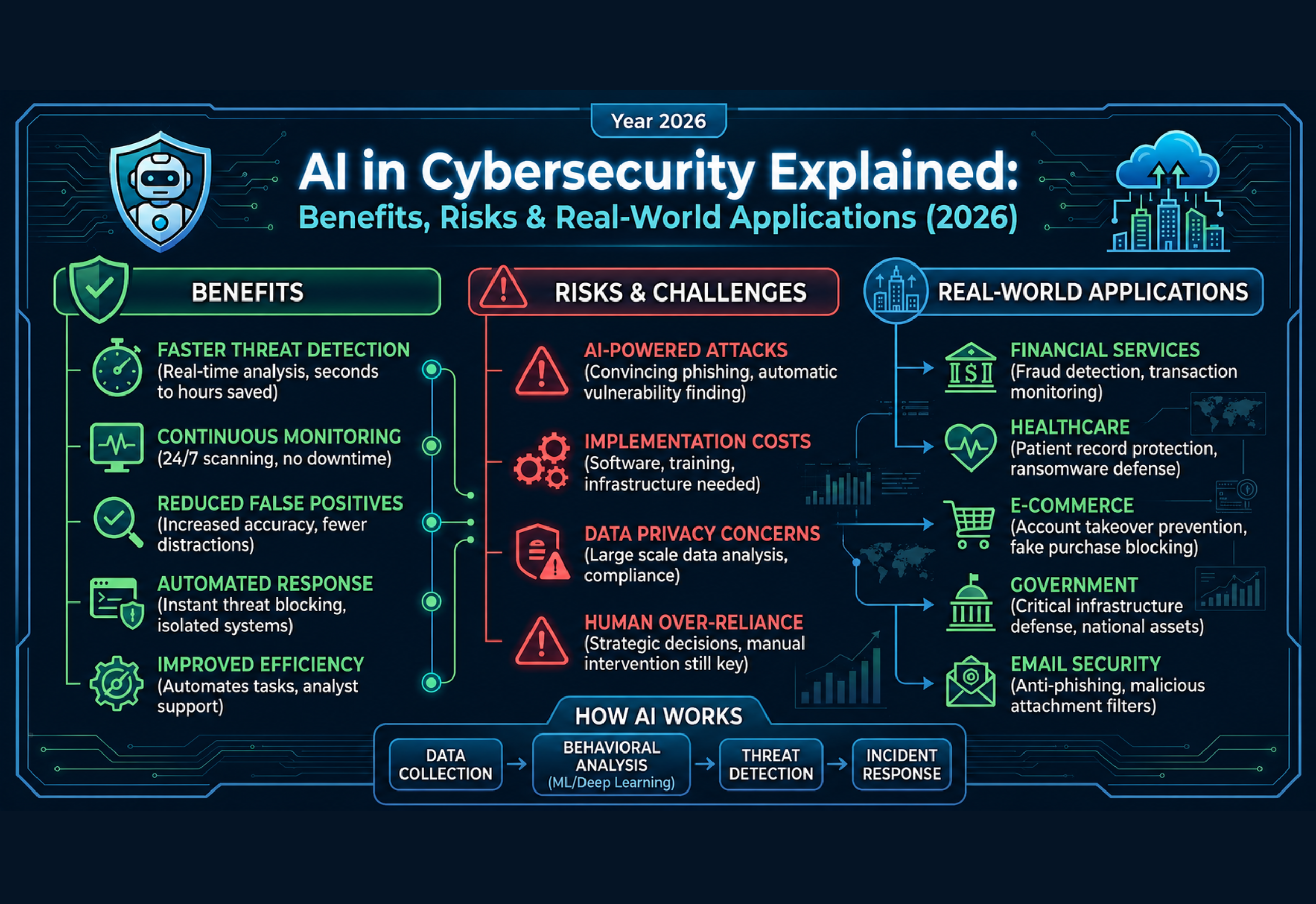 AI in cybersecurity infographic showing benefits, risks, threat detection, and real-world applications across finance, healthcare, e-commerce, and government in 2026