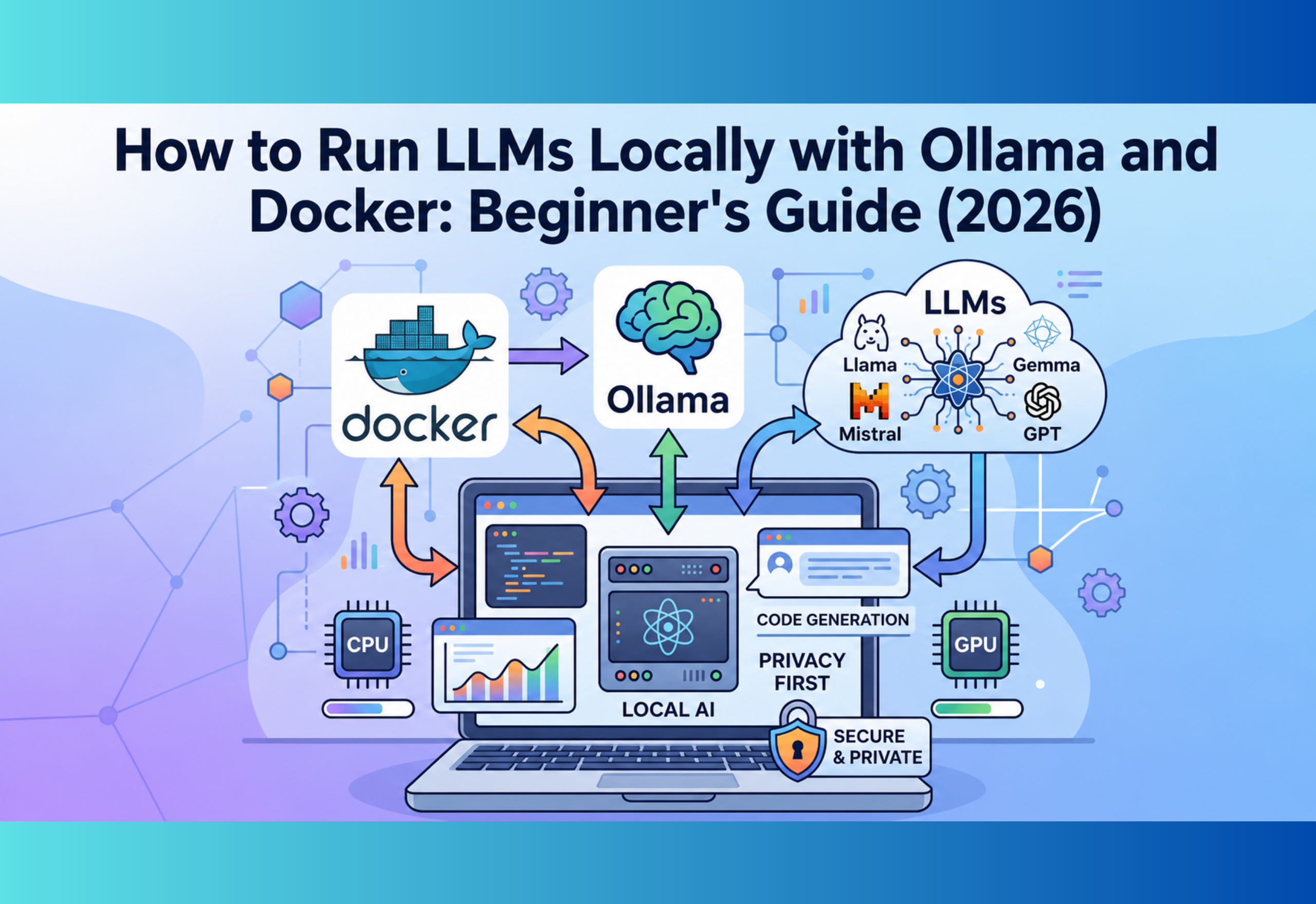 Developer running LLMs locally with Ollama and Docker for private AI development on a computer in 2026.
