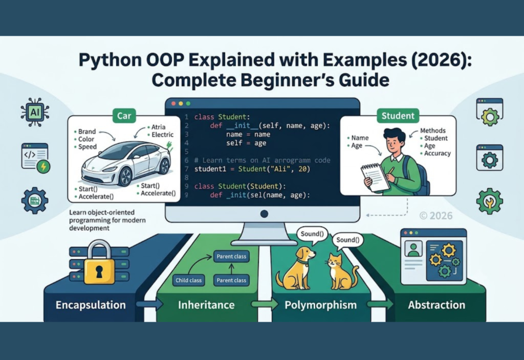 Python OOP diagram showing classes, objects, inheritance, encapsulation, polymorphism, and abstraction with examples