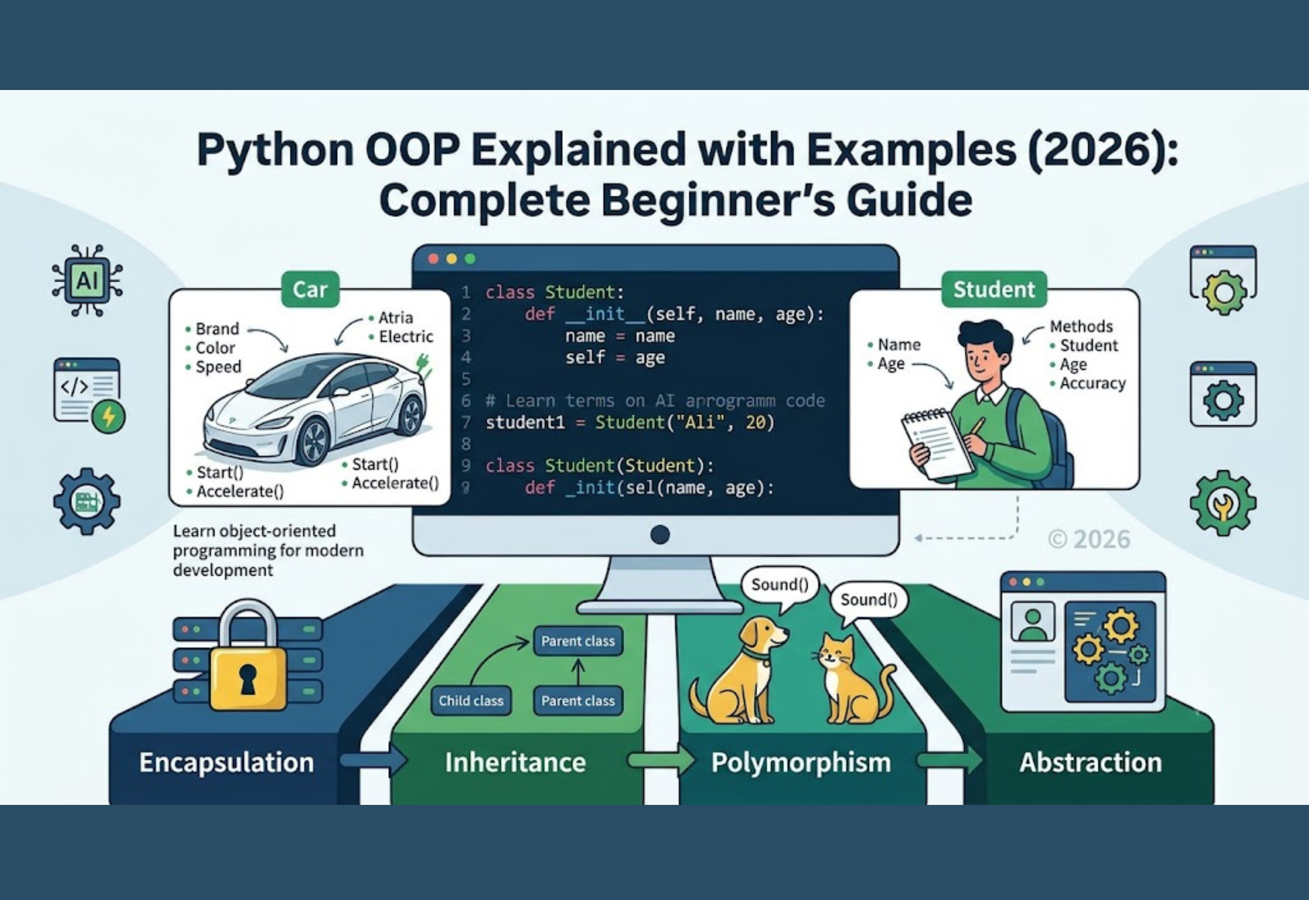 Python OOP diagram showing classes, objects, inheritance, encapsulation, polymorphism, and abstraction with examples