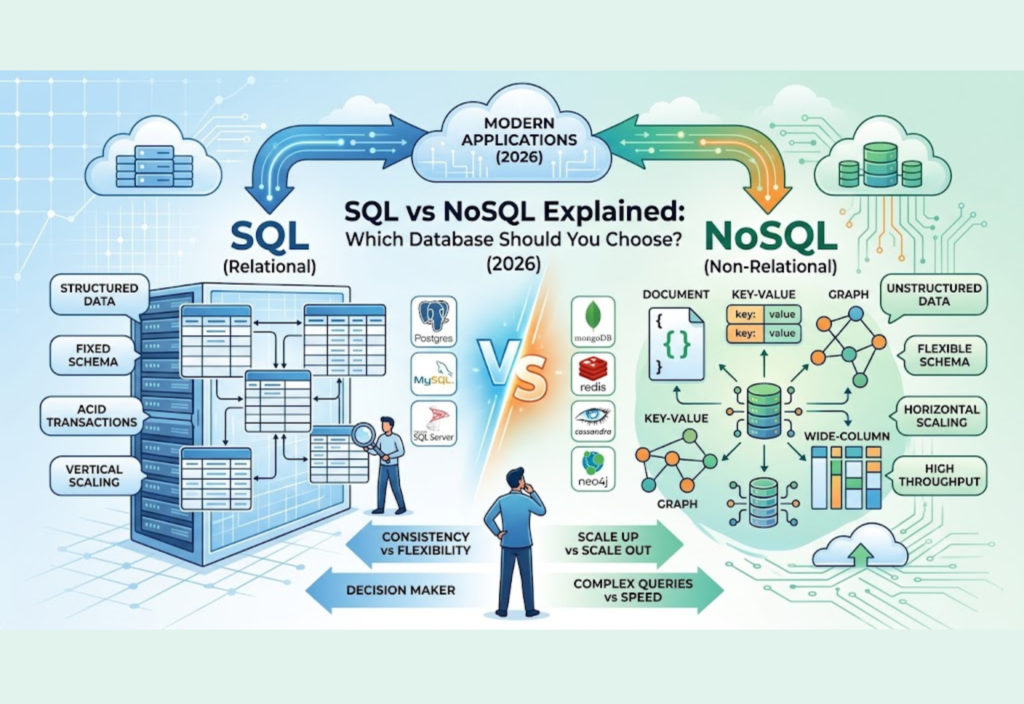 SQL vs NoSQL comparison infographic showing relational and non-relational databases, key differences, features, scalability, and use cases for choosing the right database in 2026.