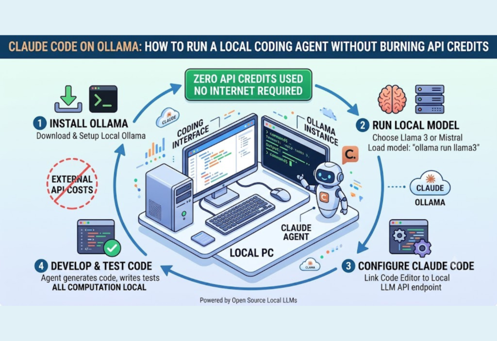 Claude Code on Ollama running as a local AI coding agent on a developer's computer