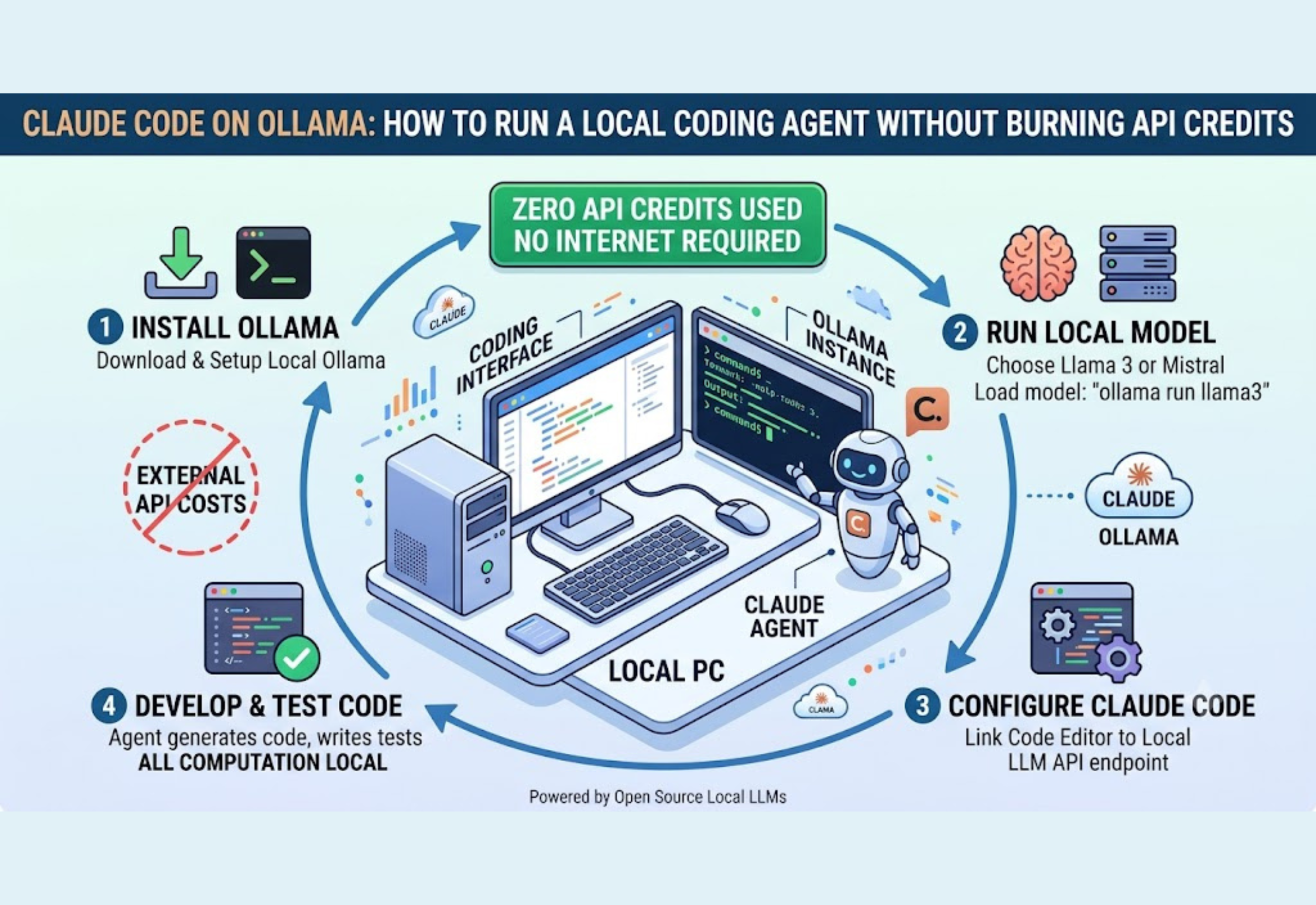 Claude Code on Ollama running as a local AI coding agent on a developer's computer