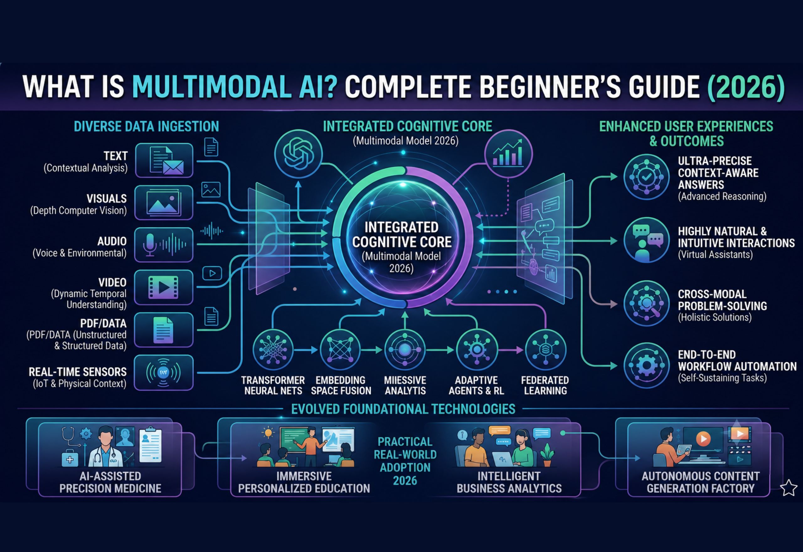 Multimodal AI infographic showing how text, images, audio, video, PDF data, and sensors are processed by an integrated AI model to deliver intelligent real-world applications in 2026.