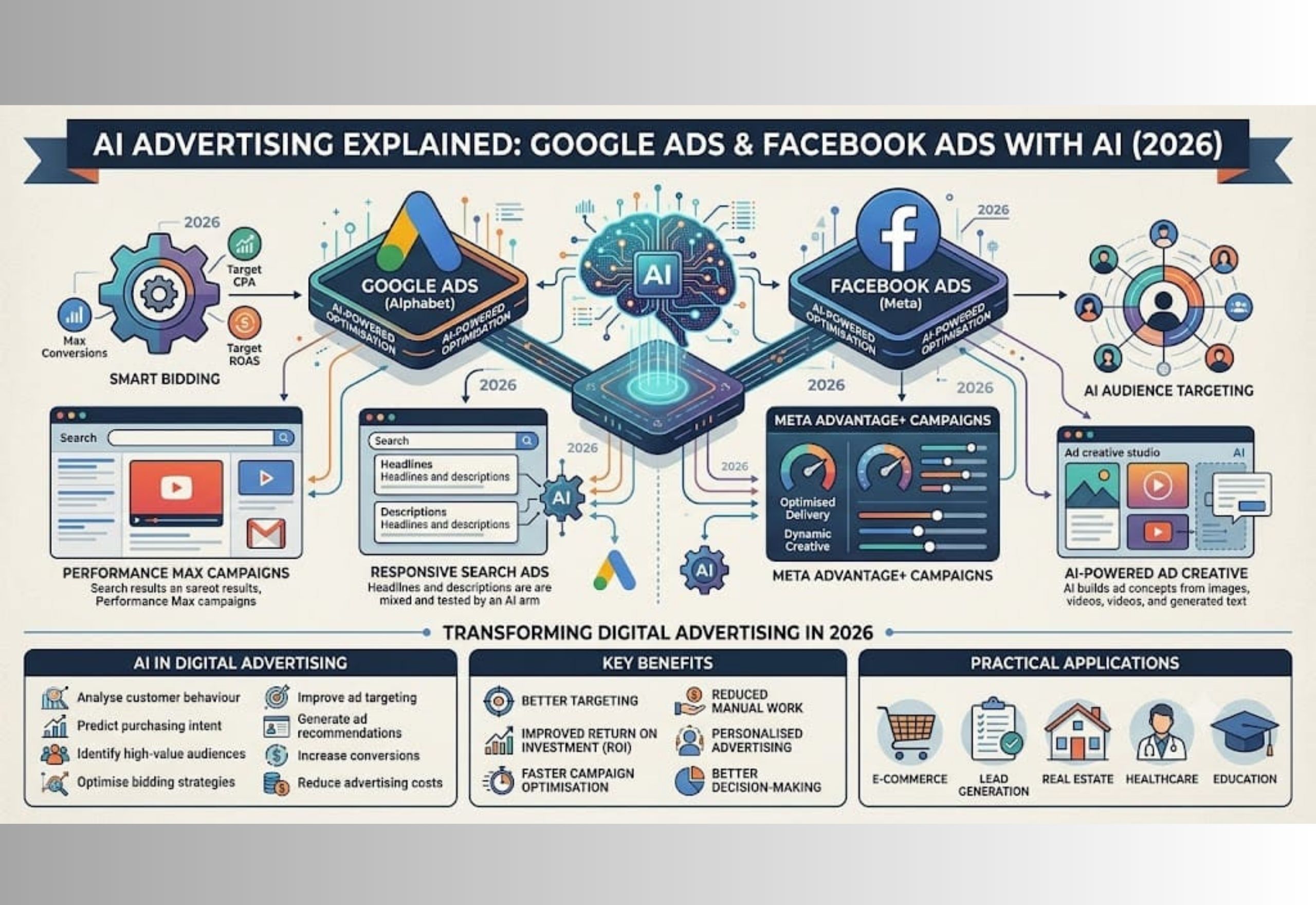 AI Advertising Explained infographic showing how Google Ads and Meta Ads use AI for smart bidding, audience targeting, automated creatives, campaign optimization, and performance tracking in 2026.