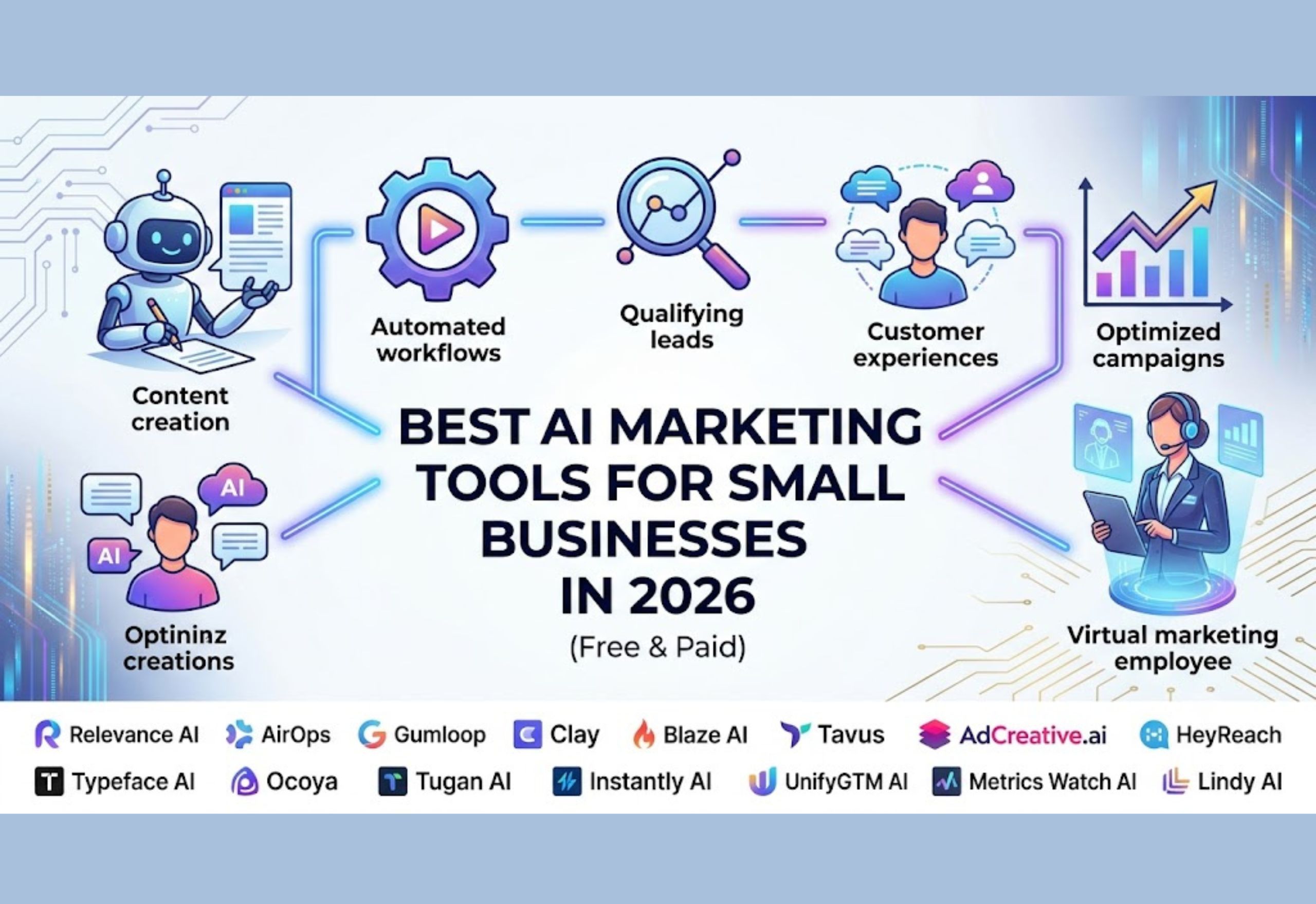 Best AI Marketing Tools for Small Businesses in 2026 featuring AI automation, SEO, lead generation, and marketing workflows