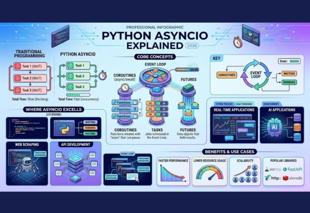 Python Asyncio explained with async, await, event loop, coroutines, and concurrent code execution in Python 2026.
