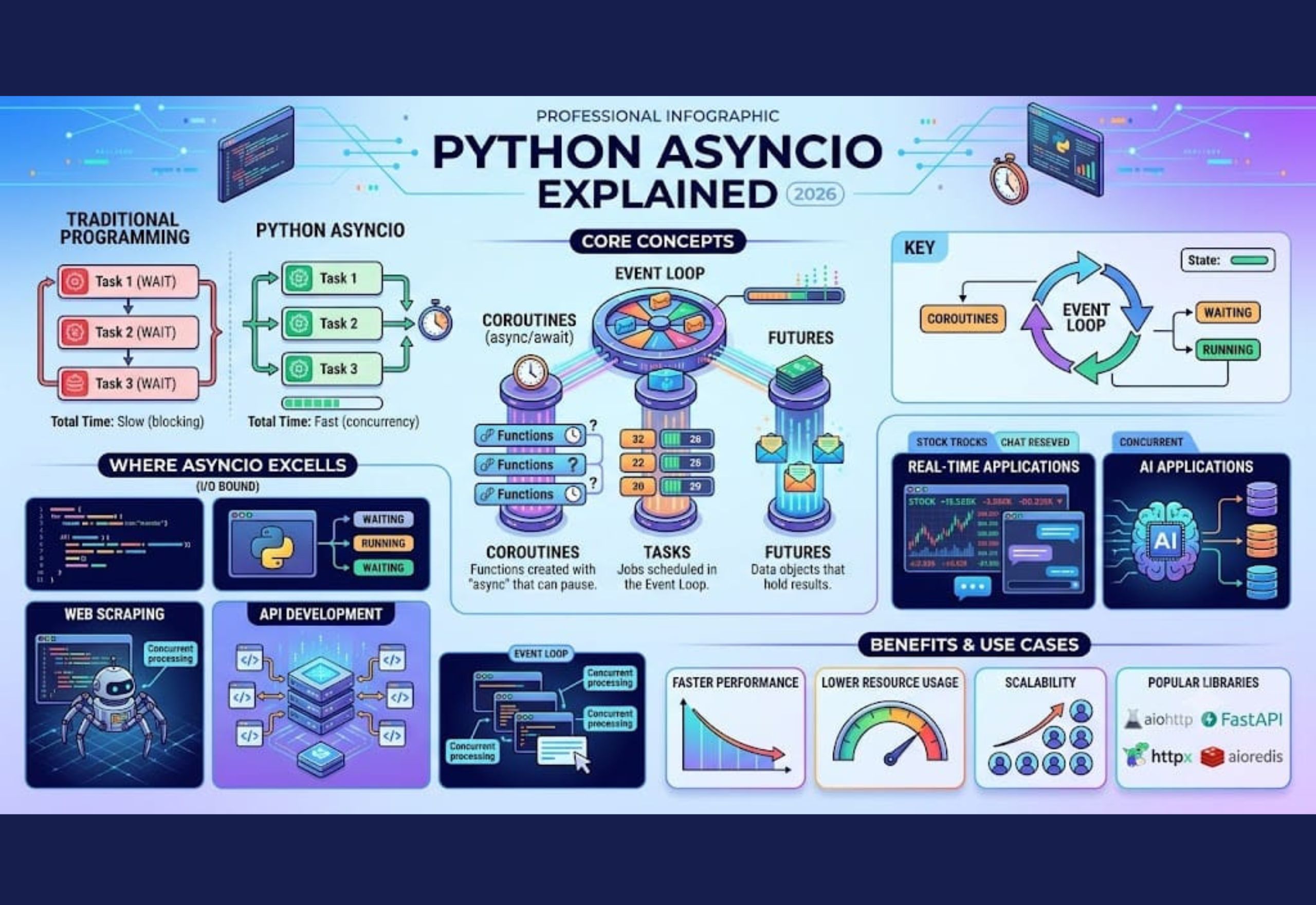 Python Asyncio explained with async, await, event loop, coroutines, and concurrent code execution in Python 2026.